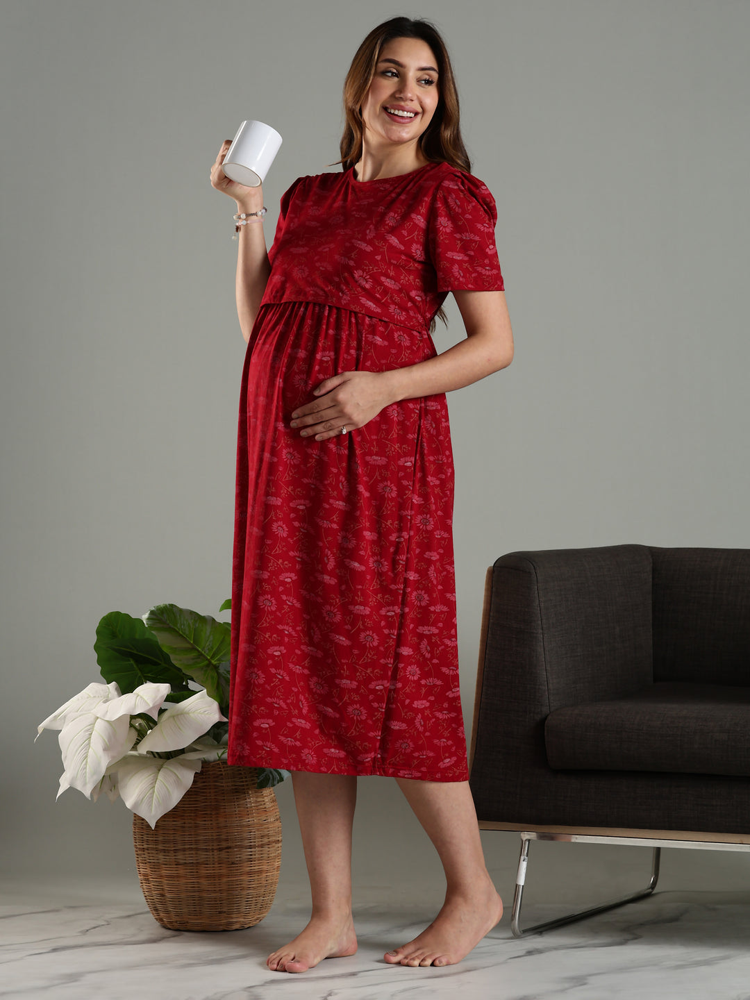 Wine Zipless Maternity Feeding Nighty for Women