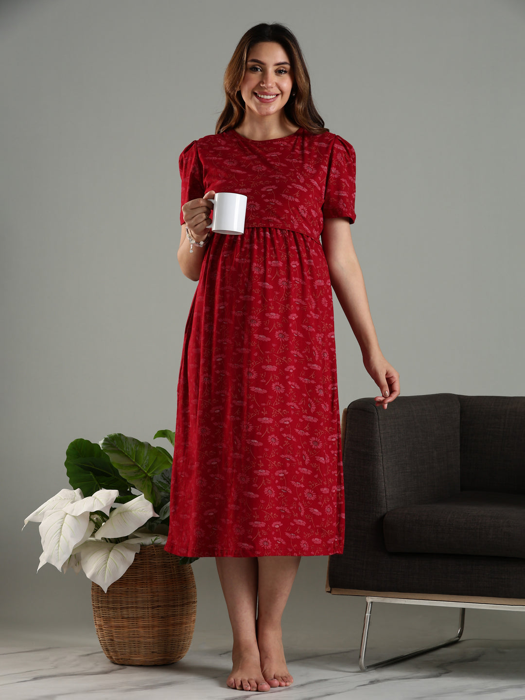 Wine Zipless Maternity Feeding Nighty for Women