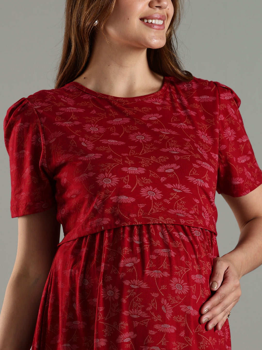 Wine Zipless Maternity Feeding Nighty for Women
