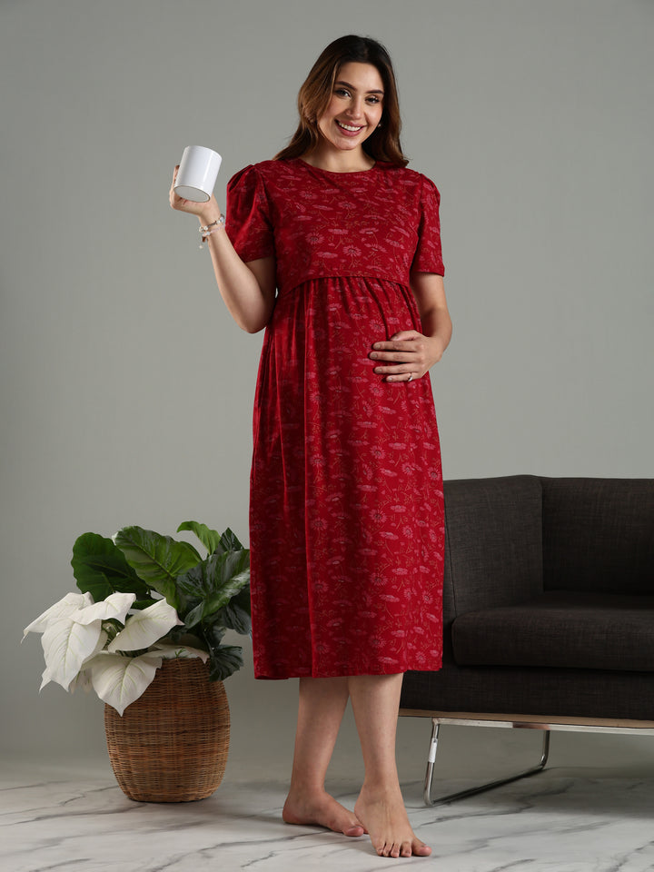 Wine Zipless Maternity Feeding Nighty for Women