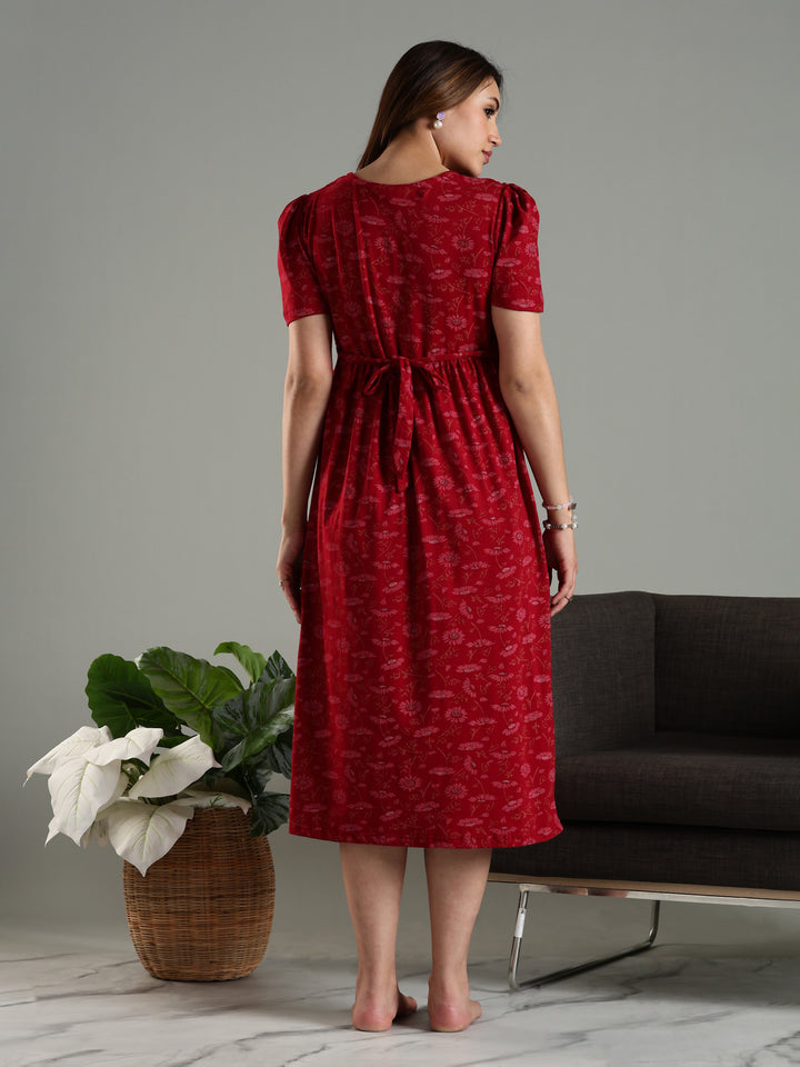 Wine Zipless Maternity Feeding Nighty for Women