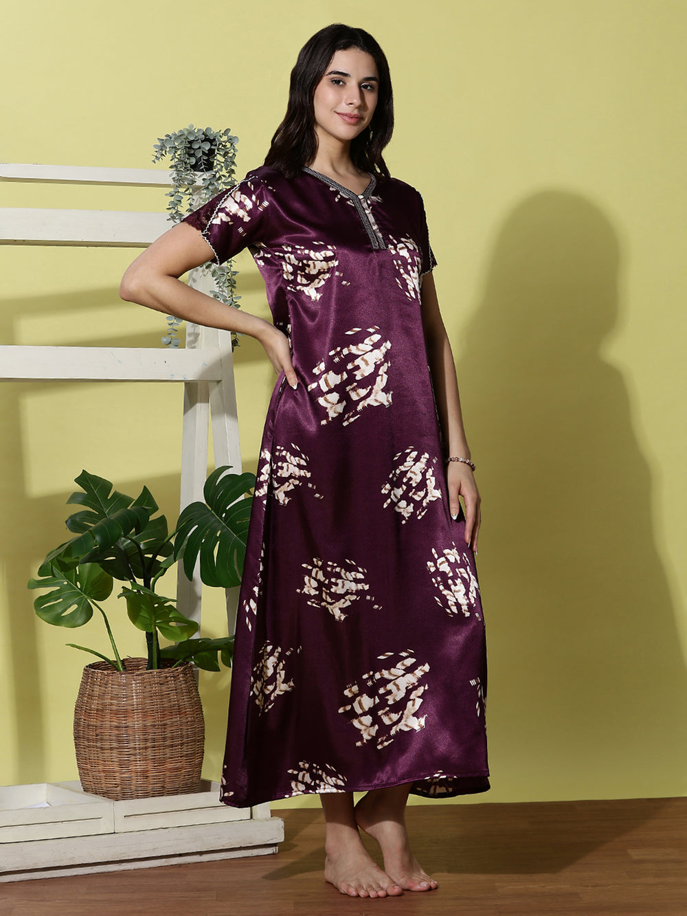 Classy Best Satin Nighty for Women in Rich Wine Purple