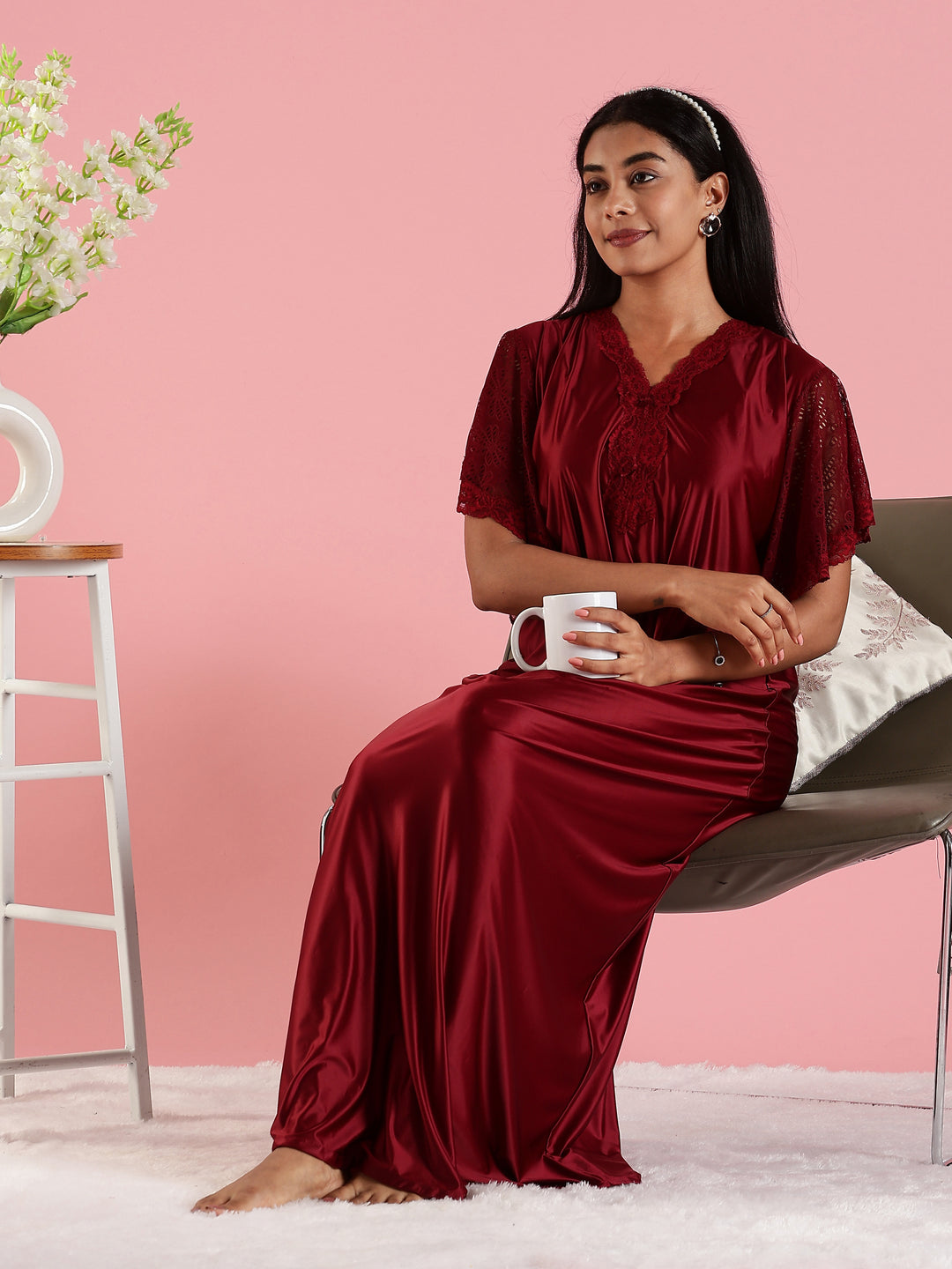 Wine Red Premium Satin Nighty For Women with Lace Detail