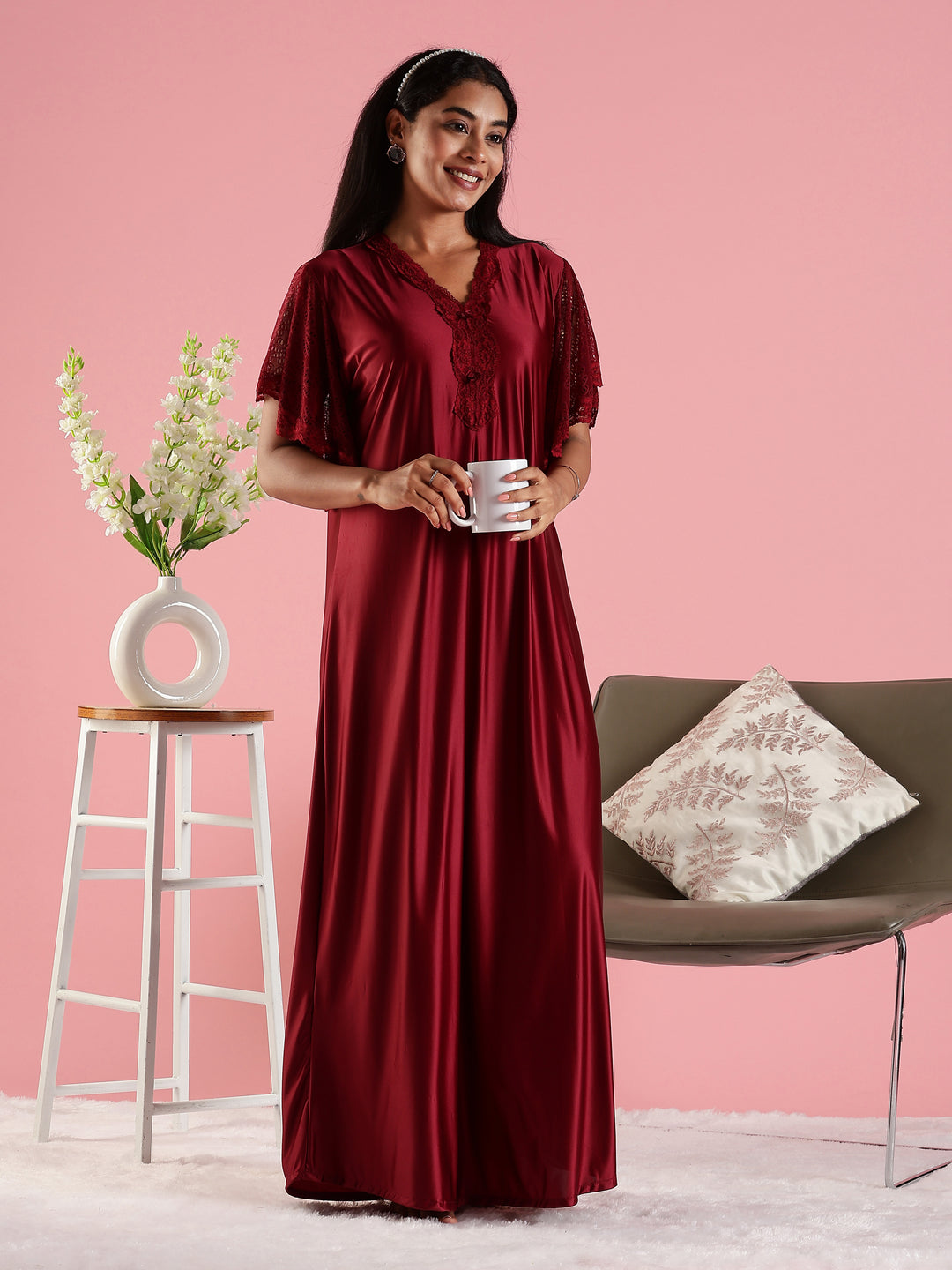 Wine Red Premium Satin Nighty For Women with Lace Detail