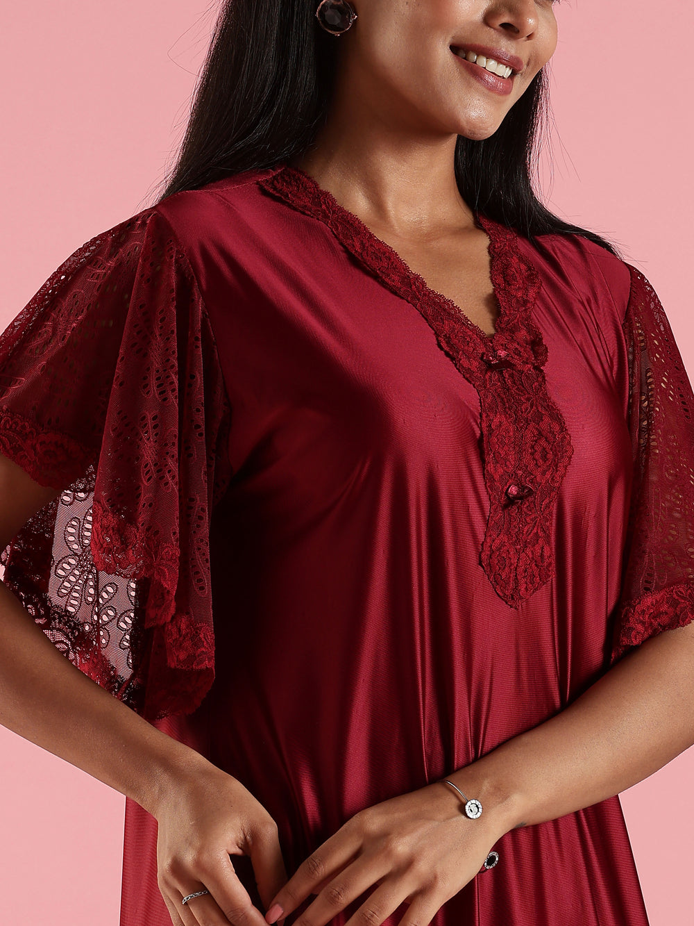 Wine Red Premium Satin Nighty For Women with Lace Detail