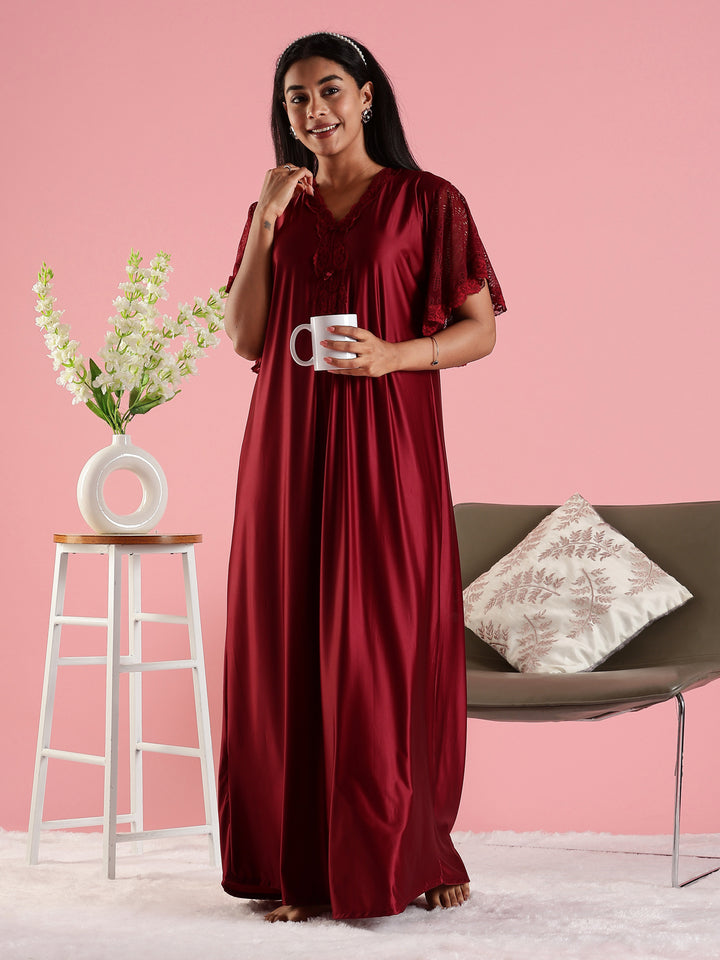 Wine Red Premium Satin Nighty For Women with Lace Detail