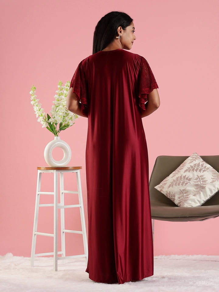 Wine Red Premium Satin Nighty For Women with Lace Detail