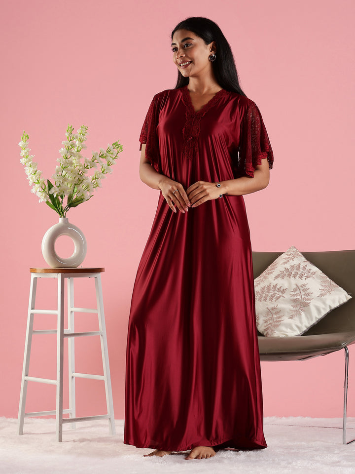Wine Red Premium Satin Nighty For Women with Lace Detail