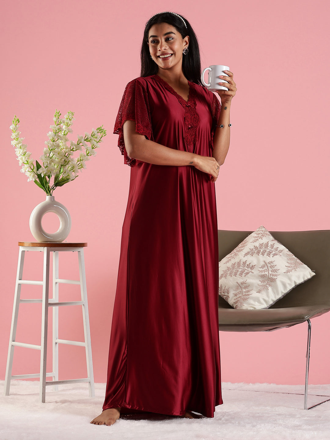 Wine Red Premium Satin Nighty For Women with Lace Detail