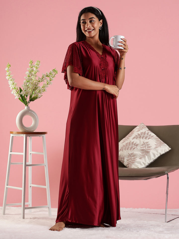 Wine Red Premium Satin Nighty For Women with Lace Detail