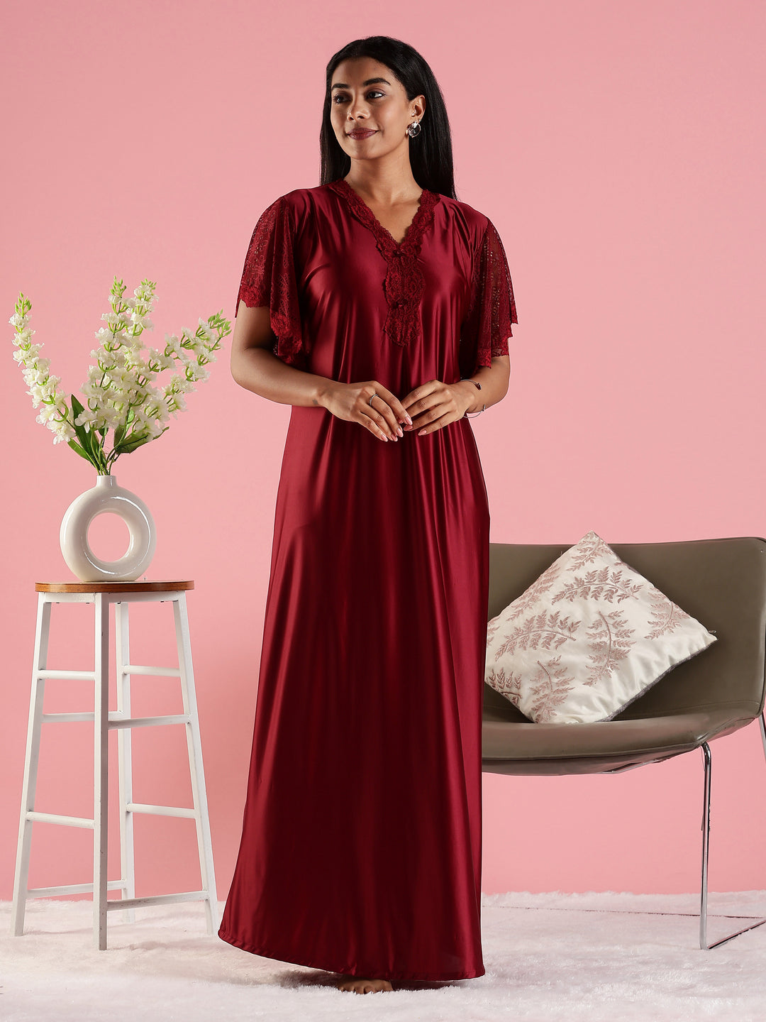 Wine Red Premium Satin Nighty For Women with Lace Detail