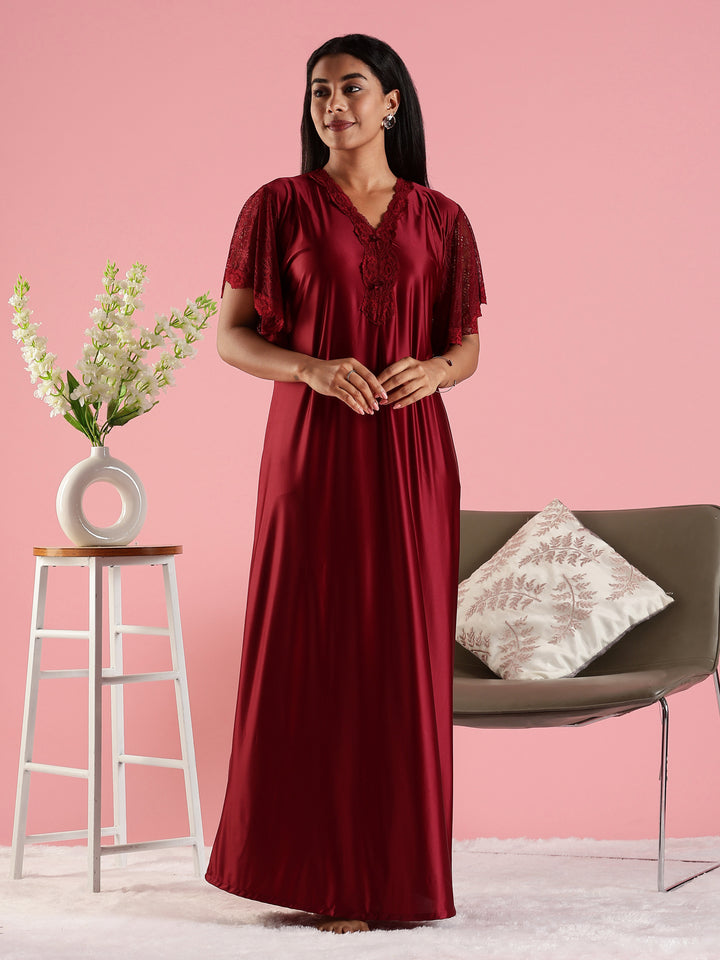 Wine Red Premium Satin Nighty For Women with Lace Detail