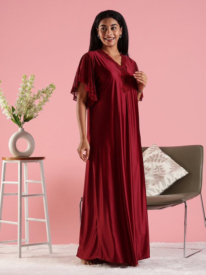 Wine Red Premium Satin Nighty For Women with Lace Detail