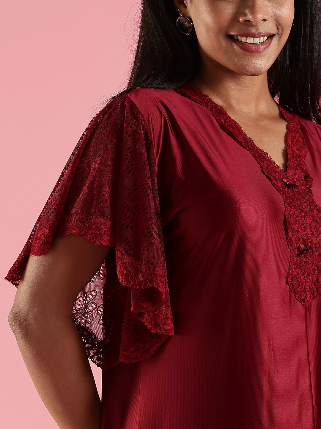 Wine Red Premium Satin Nighty For Women with Lace Detail