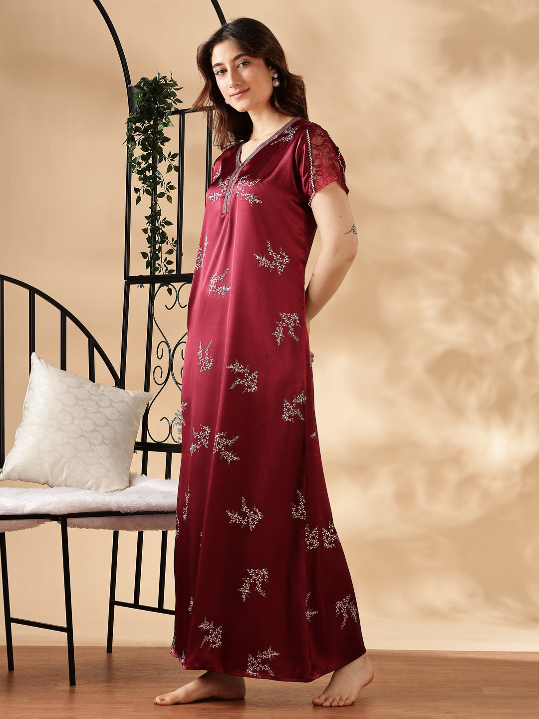Floral Print Rosy Wine Satin Nighty for Women
