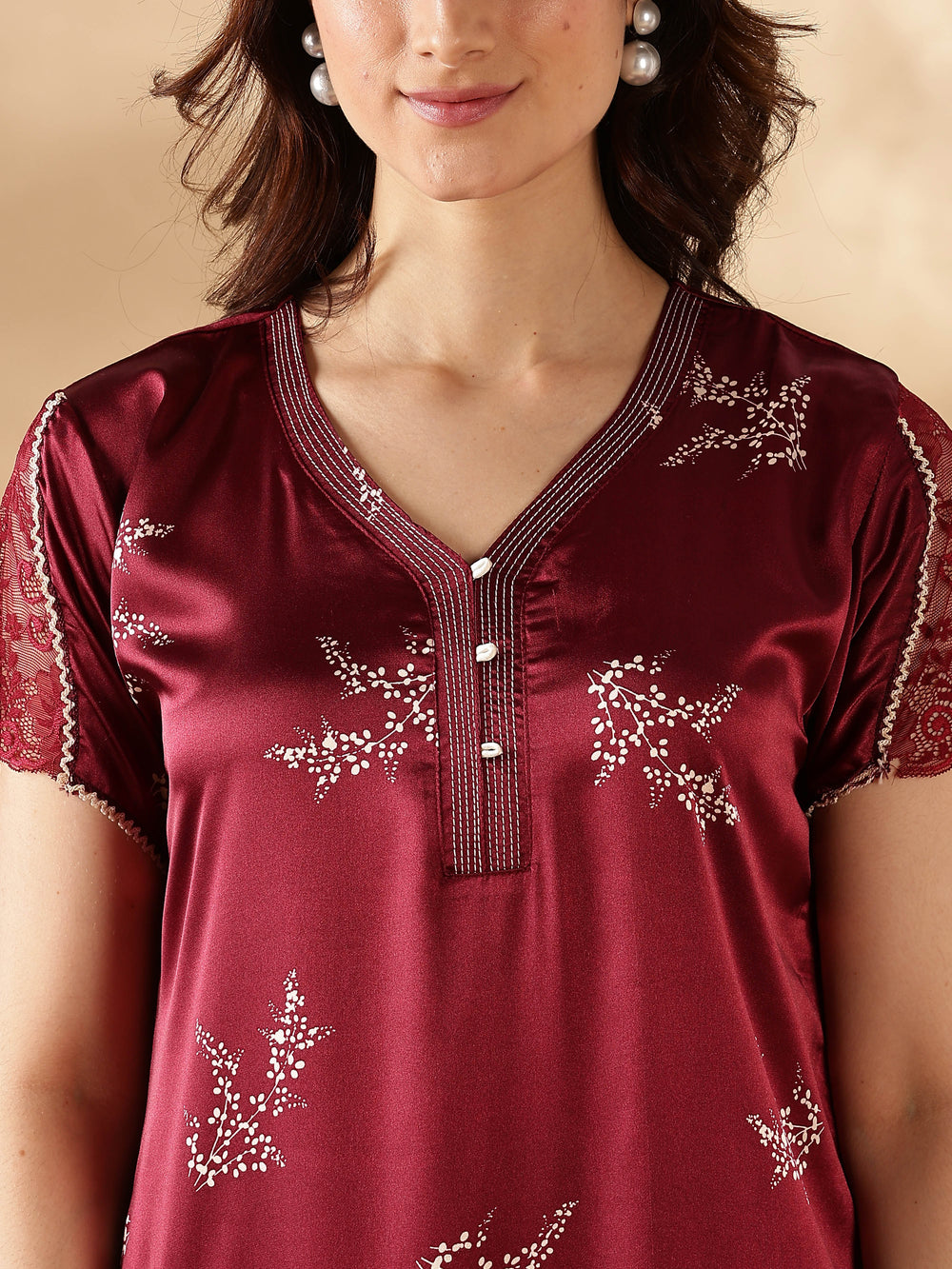 Floral Print Rosy Wine Satin Nighty for Women
