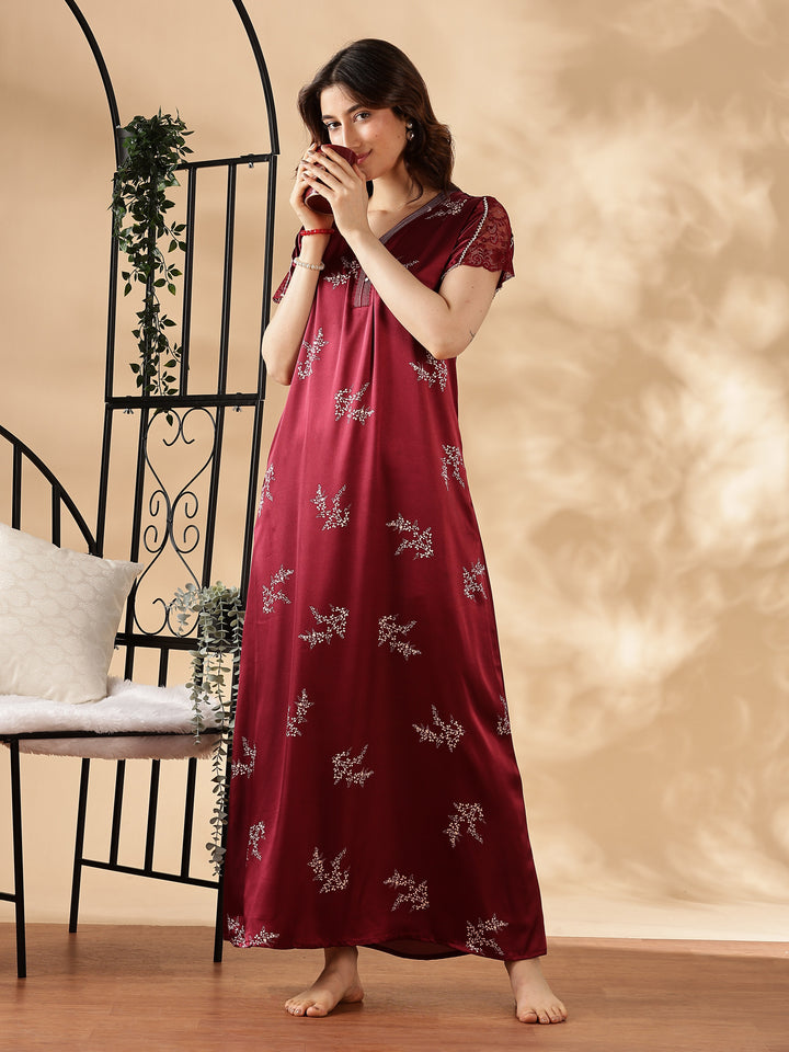 Floral Print Rosy Wine Satin Nighty for Women