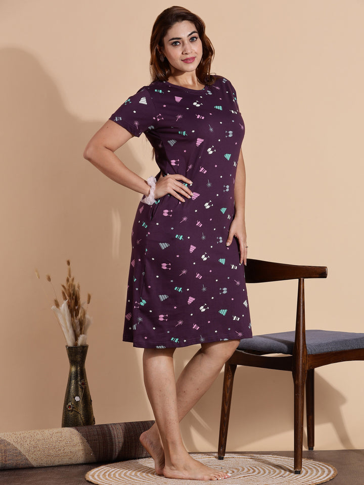 Premium Wine Short Cotton Night dress for Women
