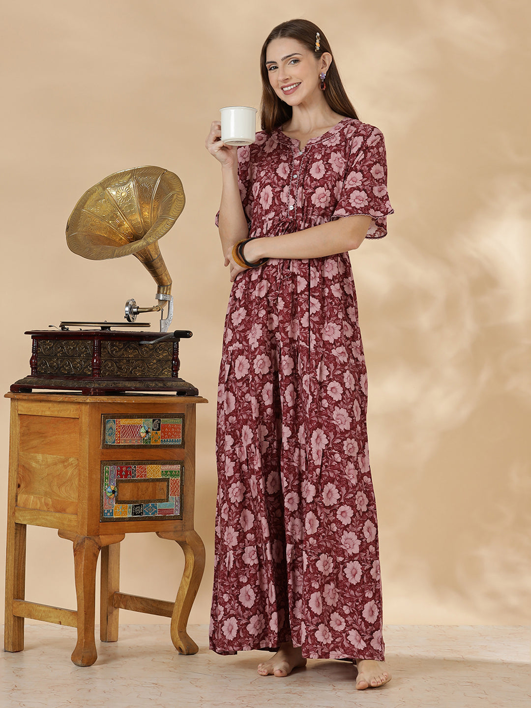 Wine red frock style soft nighty for women in rayon