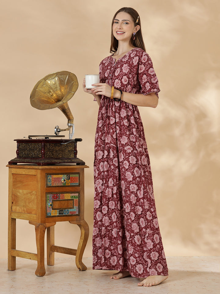 Wine red frock style soft nighty for women in rayon
