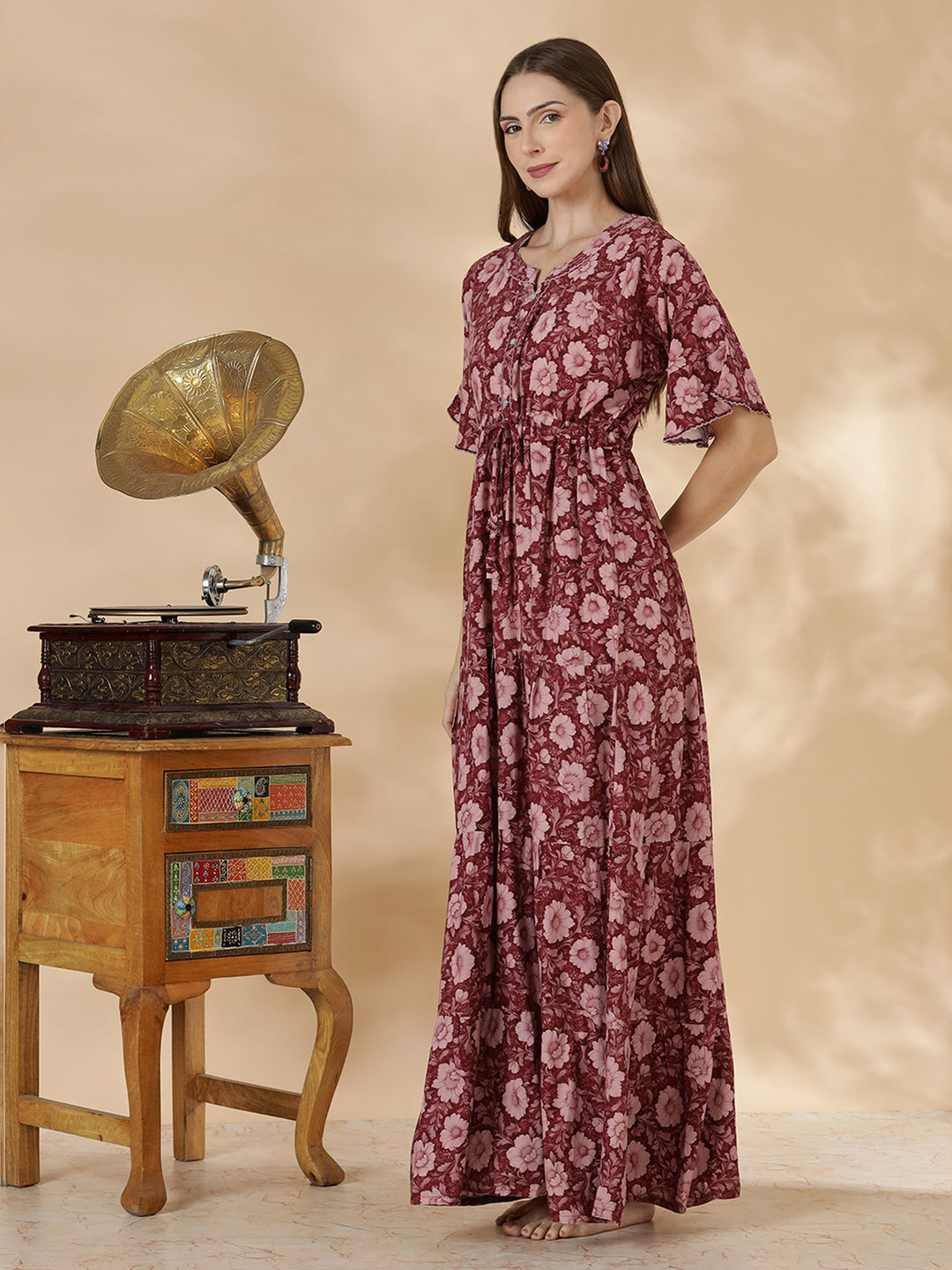 Wine red frock style soft nighty for women in rayon