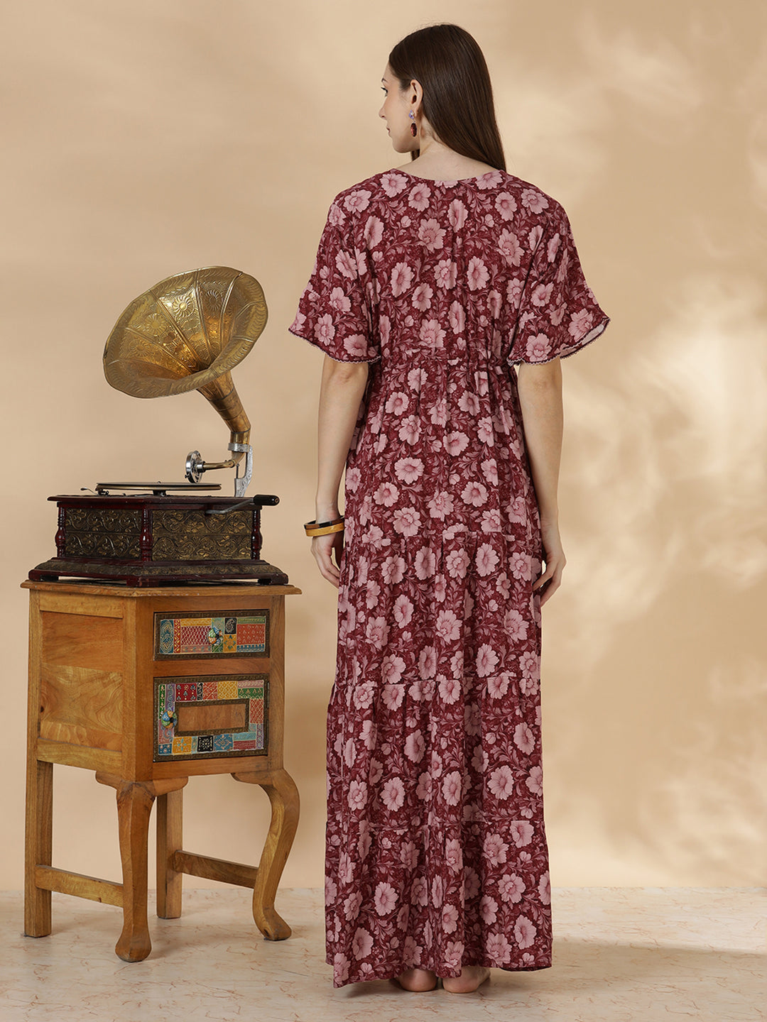 Wine red frock style soft nighty for women in rayon