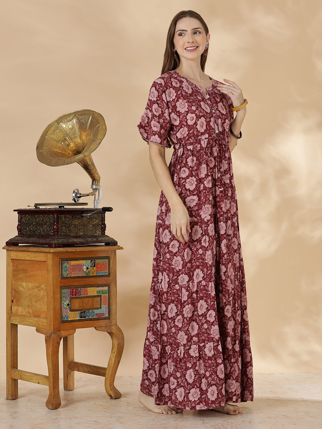 Wine red frock style soft nighty for women in rayon