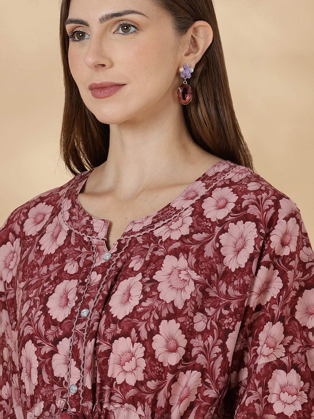 Wine red frock style soft nighty for women in rayon