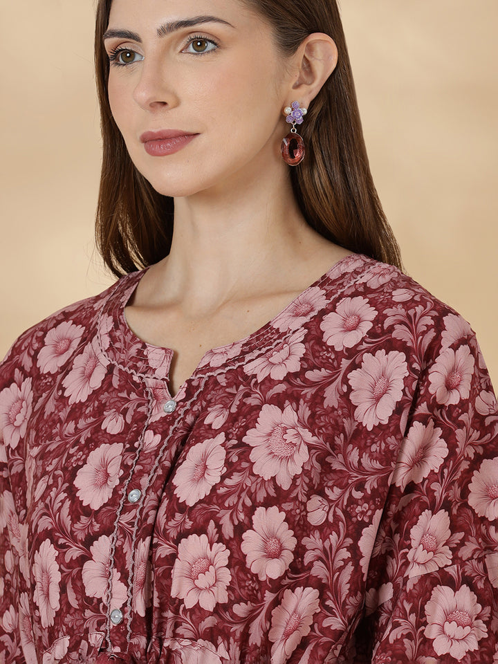 Wine red frock style soft nighty for women in rayon