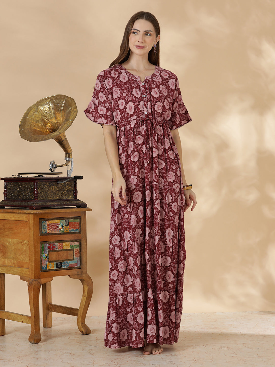 Wine red frock style soft nighty for women in rayon