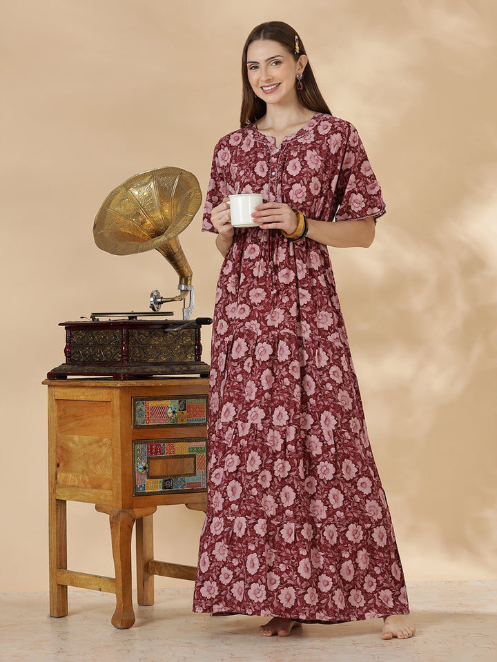 Wine red frock style soft nighty for women in rayon