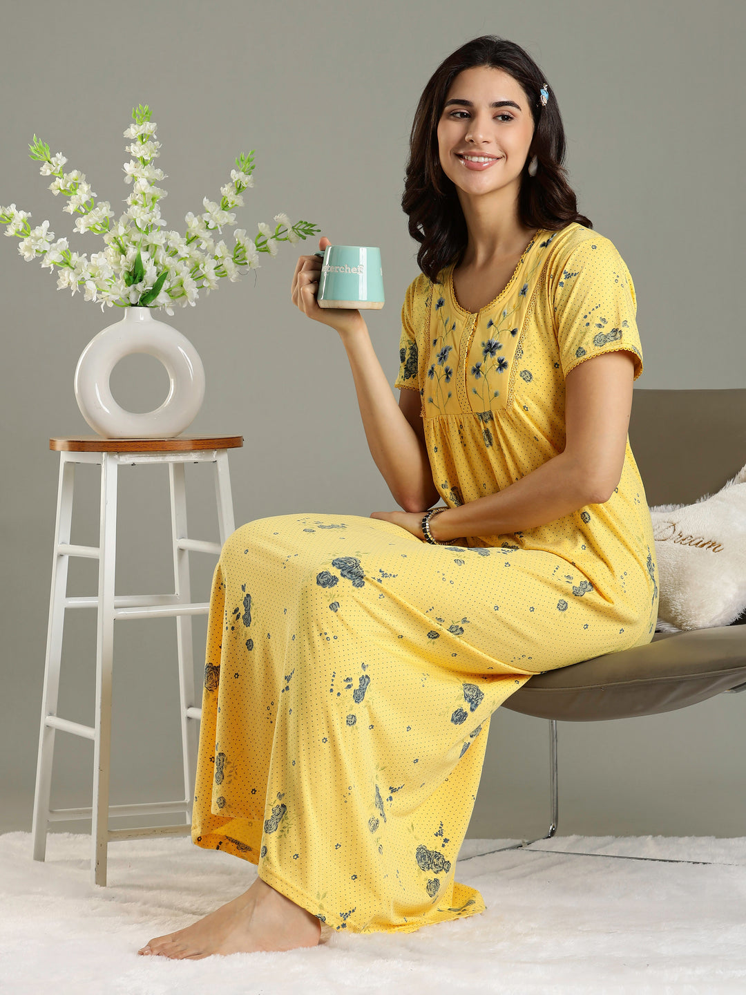 Honey Yellow Branded Cotton Blend Designer Nighty For Women