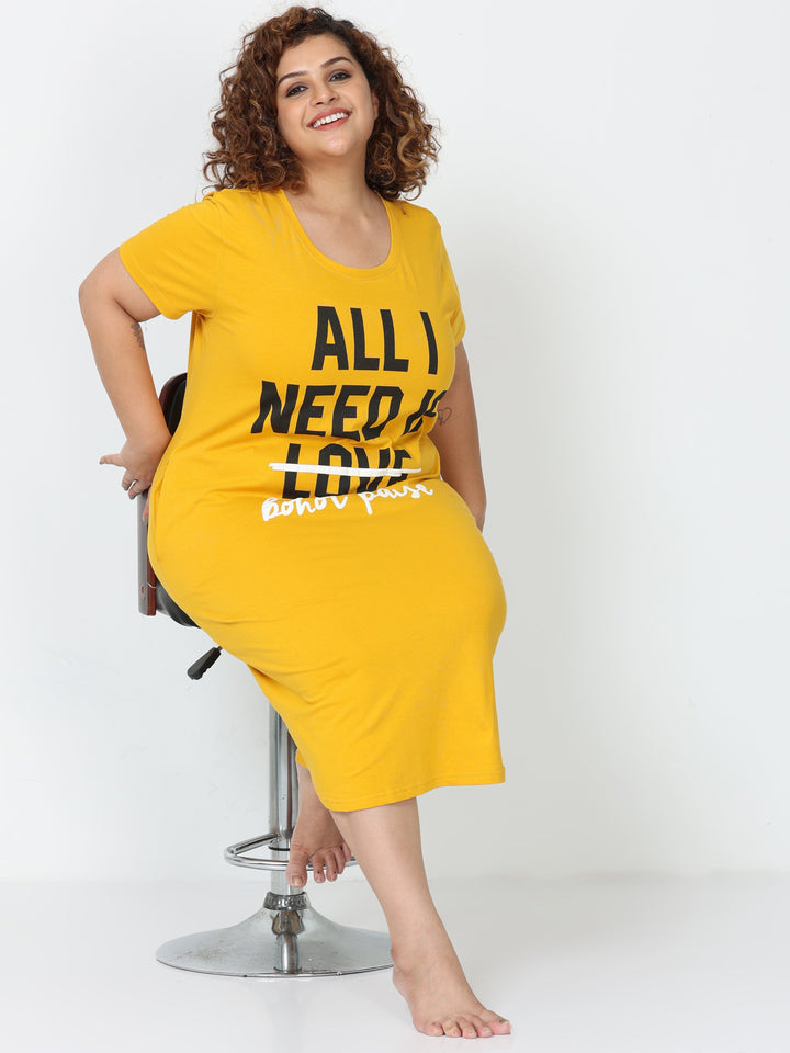 Fire Yellow Cotton Printed Short Nighty for Women