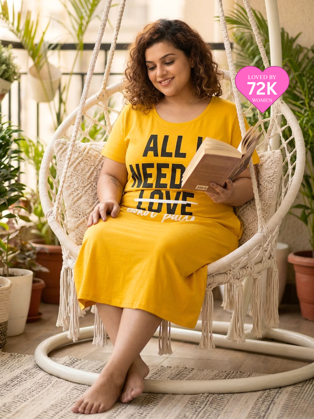 Fire Yellow Cotton Printed Short Nighty for Women