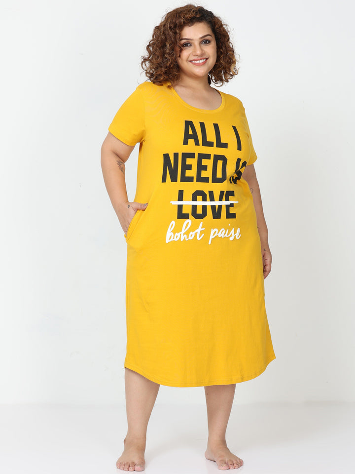 Fire Yellow Cotton Printed Short Nighty for Women