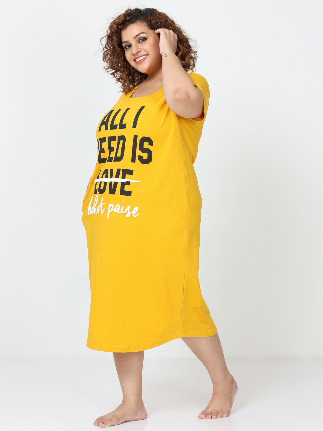 Fire Yellow Cotton Printed Short Nighty for Women