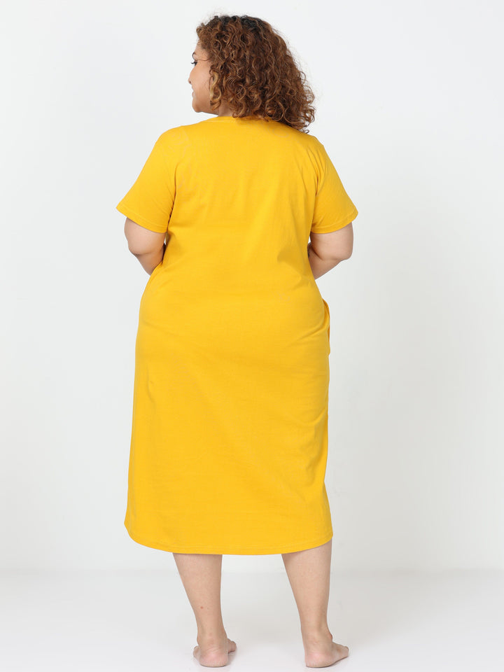 Fire Yellow Cotton Printed Short Nighty for Women