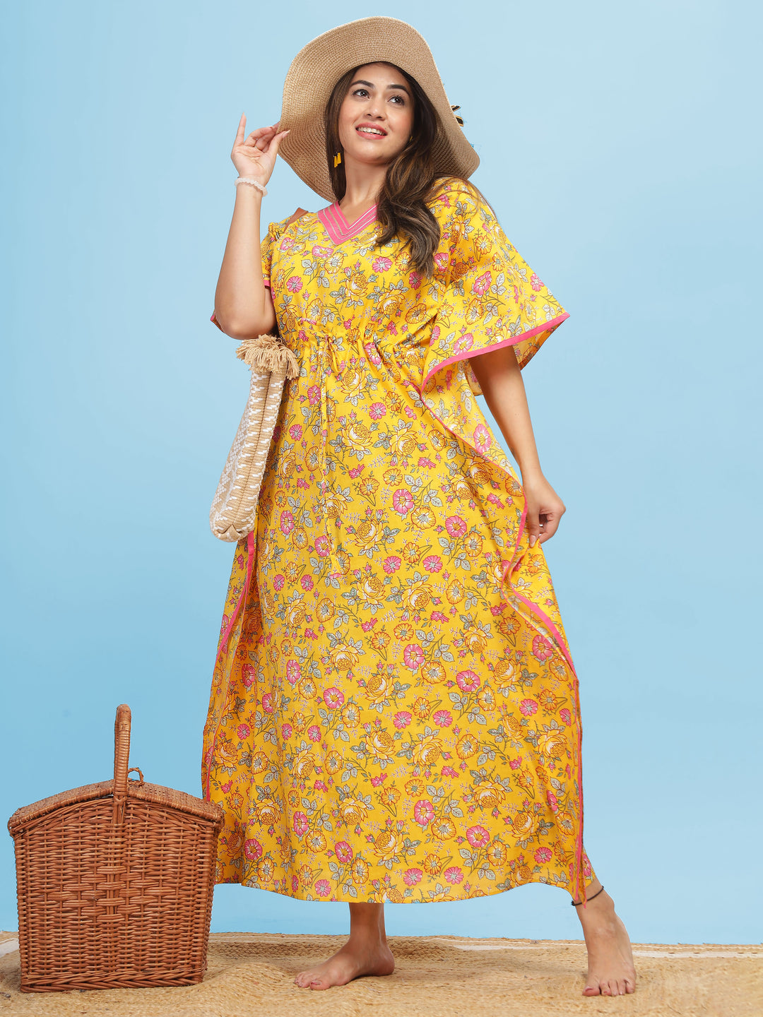 Yellow Floral Designer V Neck Kaftan Nighty for Women