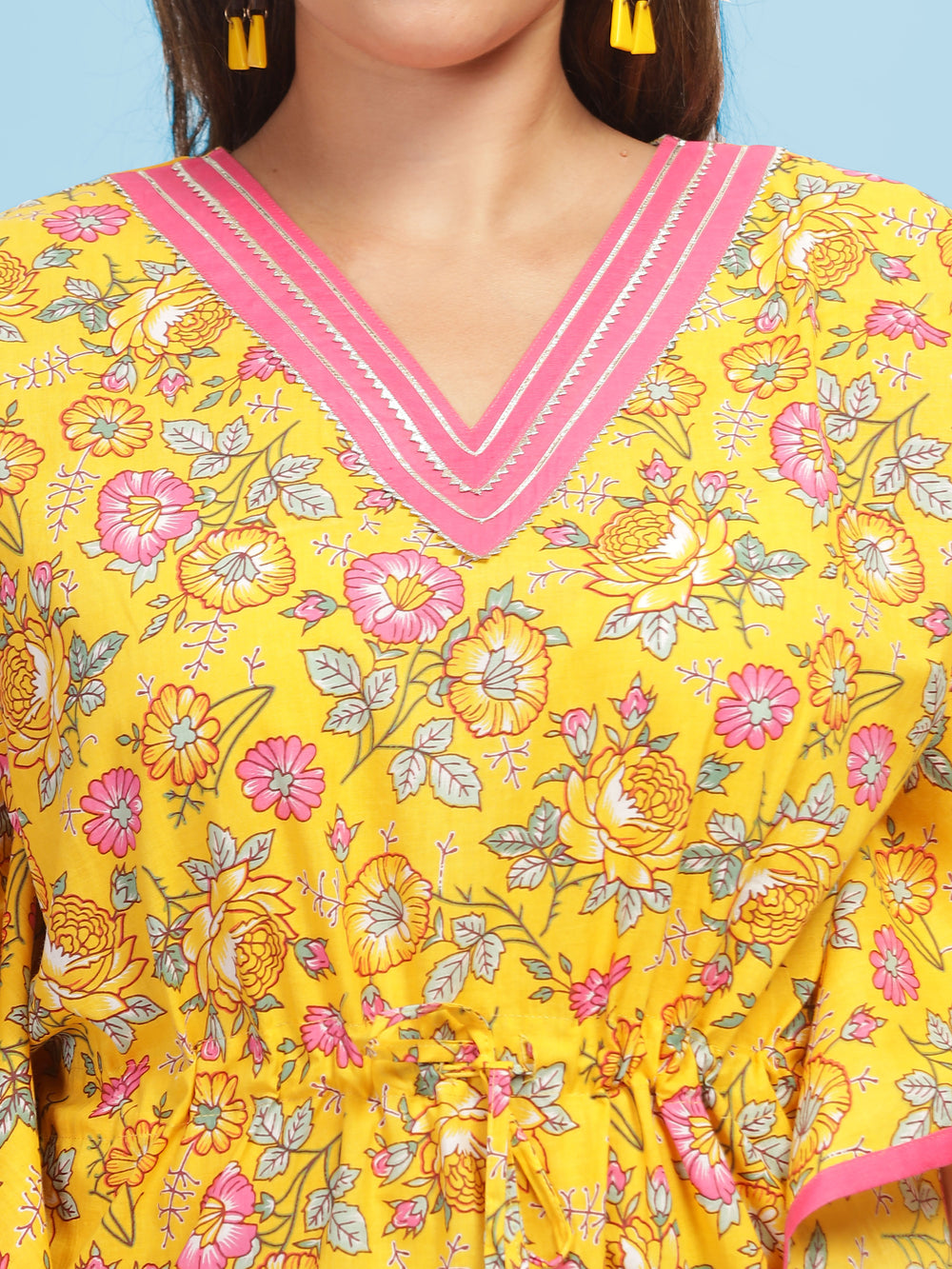 Yellow Floral Designer V Neck Kaftan Nighty for Women