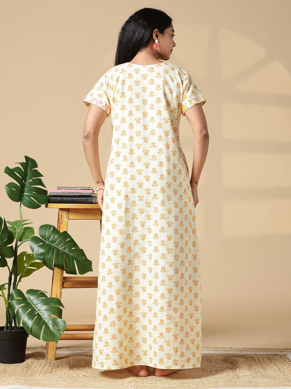 Yellow Floral Jaipuri Pure Cotton Nighty with Pocket