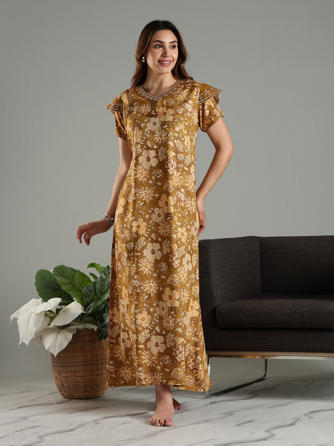 Yellow Designer Maxi Night Dress For Women