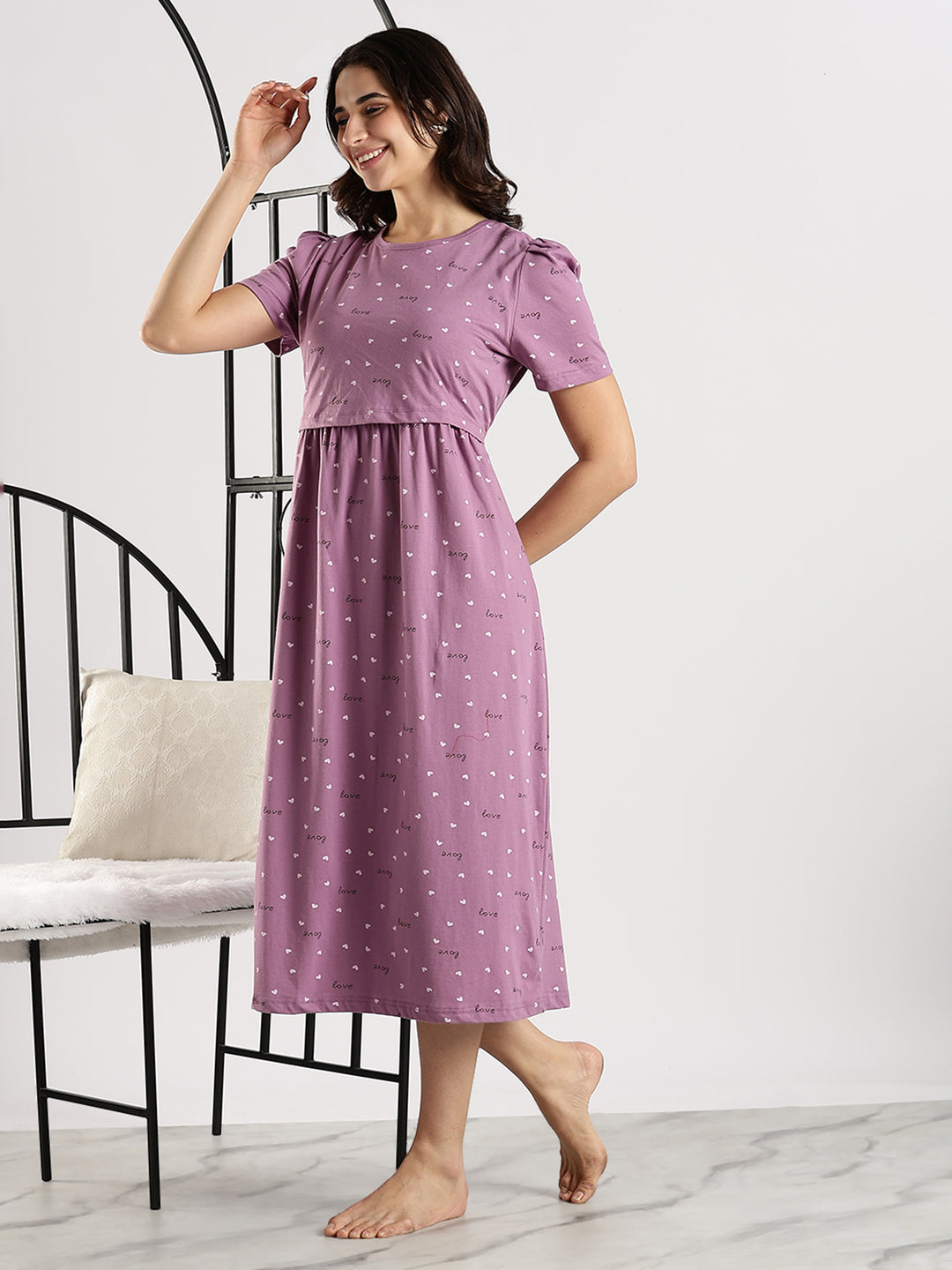 Lavender Hearts Feeding Maternity Nighty dress