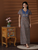 Pure Cotton Kalamkari Print Blue Nighty for Women Printed A Line