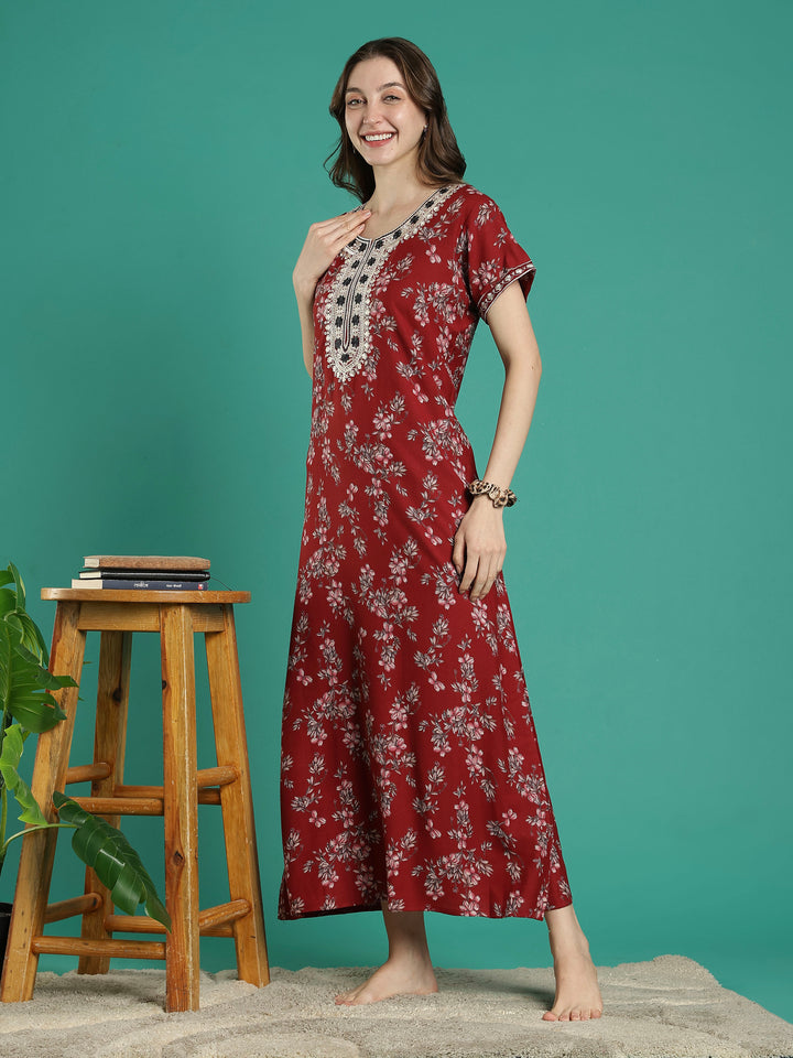 A-line perfect fit rust floral alpine nighty for women