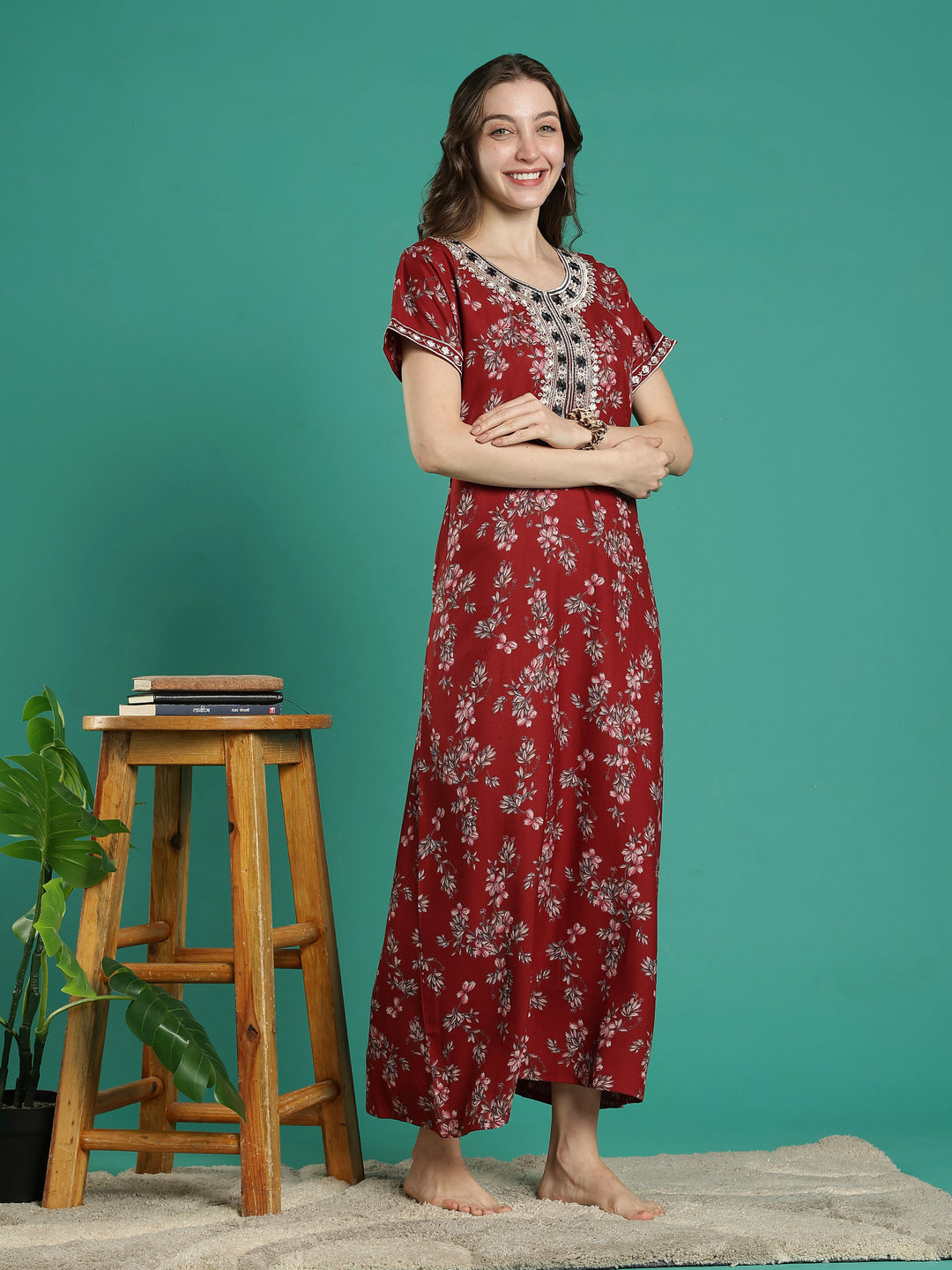 A-line perfect fit rust floral alpine nighty for women