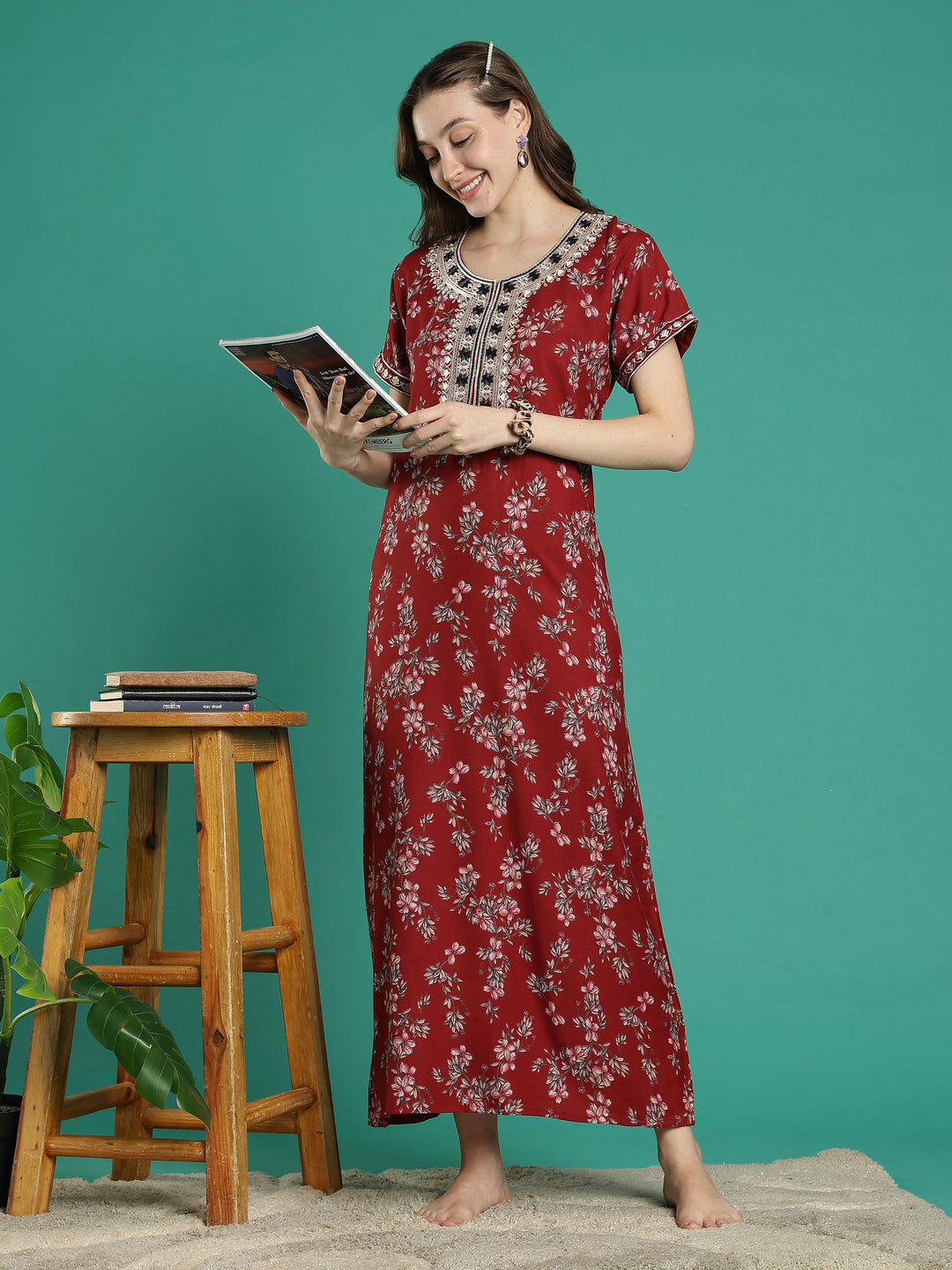 A-line perfect fit rust floral alpine nighty for women