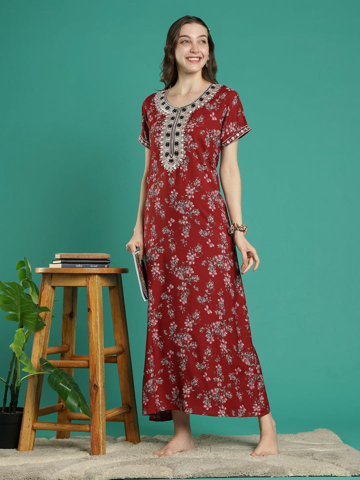 A-line perfect fit rust floral alpine nighty for women
