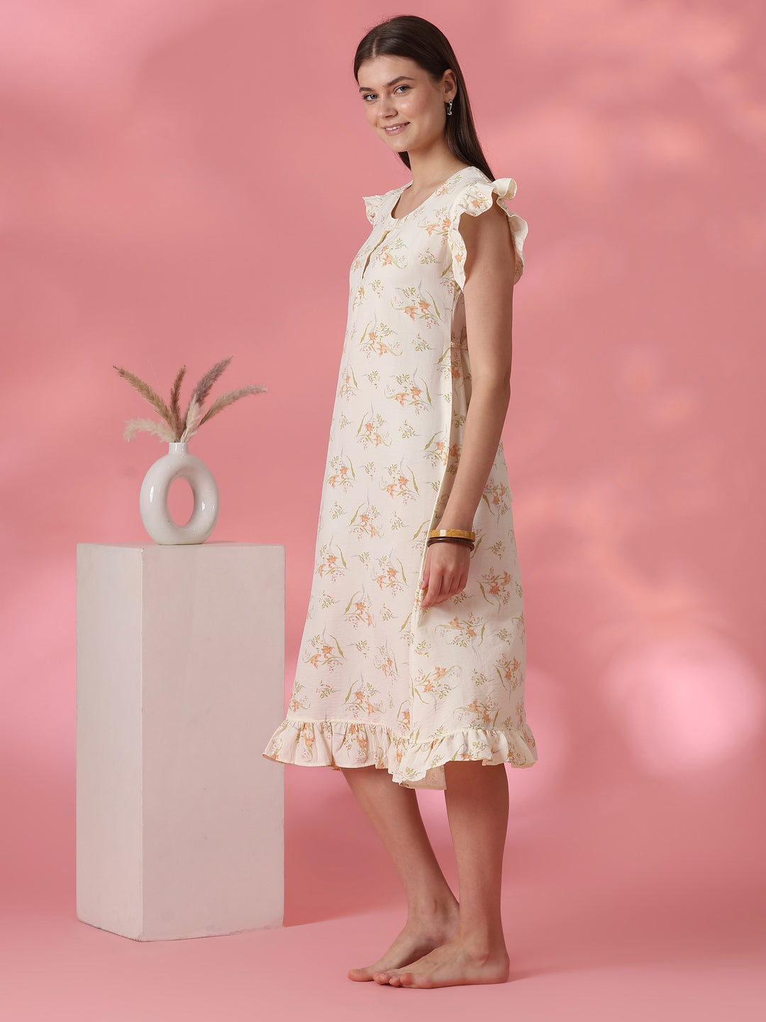 Dreamy yellow floral A line nightdress for women online