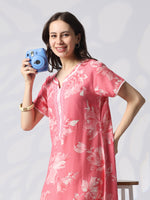Floral Alpine Designer Nighty with Embroidered Neck Detail in Retro Pink
