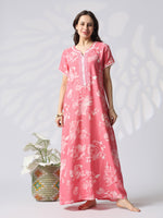 Floral Alpine Designer Nighty with Embroidered Neck Detail in Retro Pink